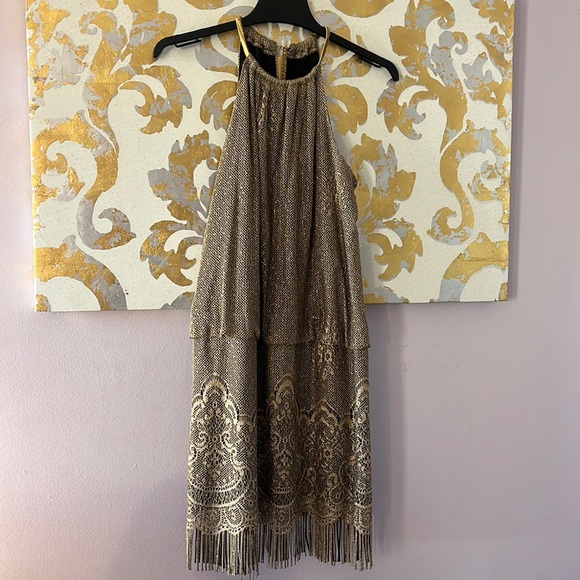 S.L. Fashions Dresses & Skirts - S.L. Fashions Size 12 Gold Chain Neck Blouson Fringe Dress EXCELLENT CONDITION